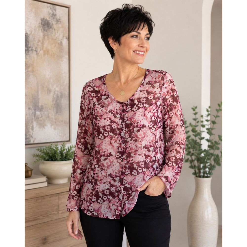 Liz Claiborne Size M Watercolor Floral Sheer Button Front LS Blouse #3